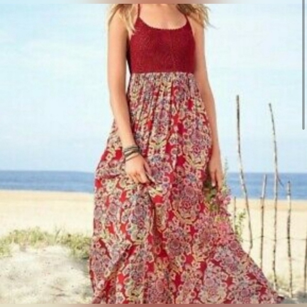 Sundance Halter Dress Crochet Bodice Floral Print Pockets Boho Festival …
